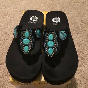 Yellow Box Turquoise Wedge Sandals Size 7.5.